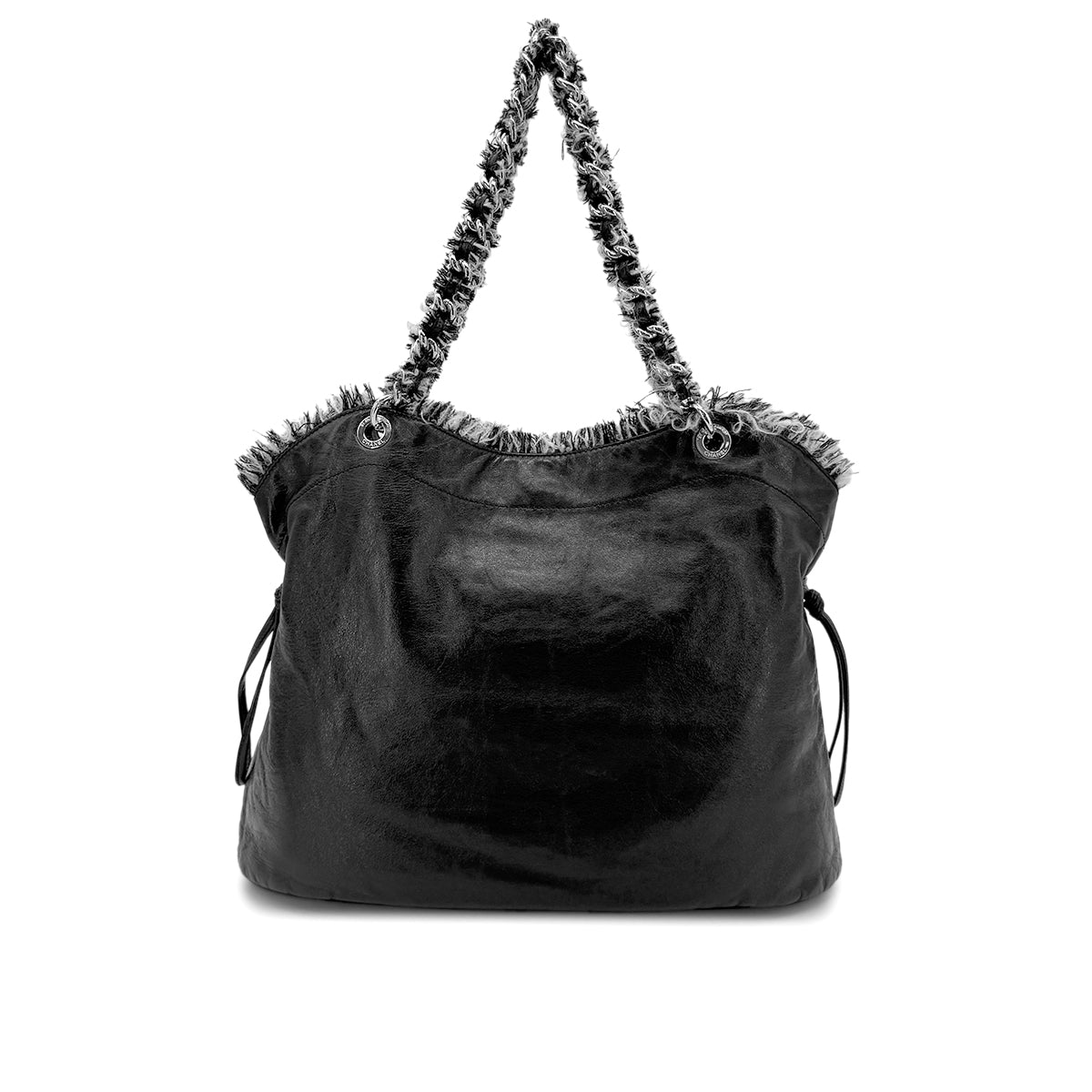 CHANEL DECACOCO CHAIN TOTE BAG BLACK TWEED LAMB SKIN 90269624