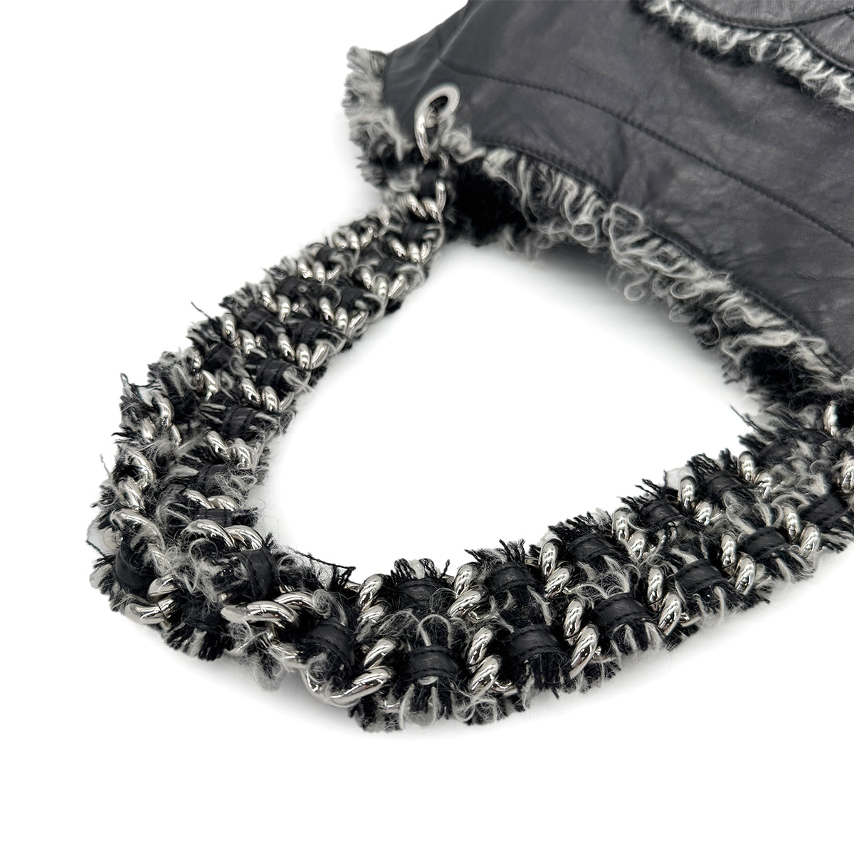 CHANEL DECACOCO CHAIN TOTE BAG BLACK TWEED LAMB SKIN 90269624