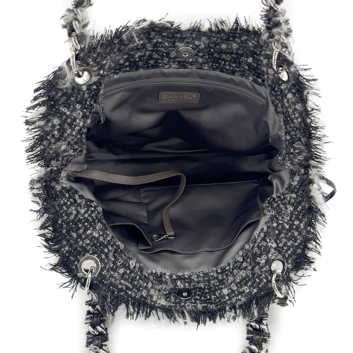 CHANEL DECACOCO CHAIN TOTE BAG BLACK TWEED LAMB SKIN 90269624