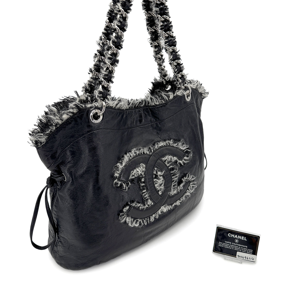 CHANEL DECACOCO CHAIN TOTE BAG BLACK TWEED LAMB SKIN 90269624