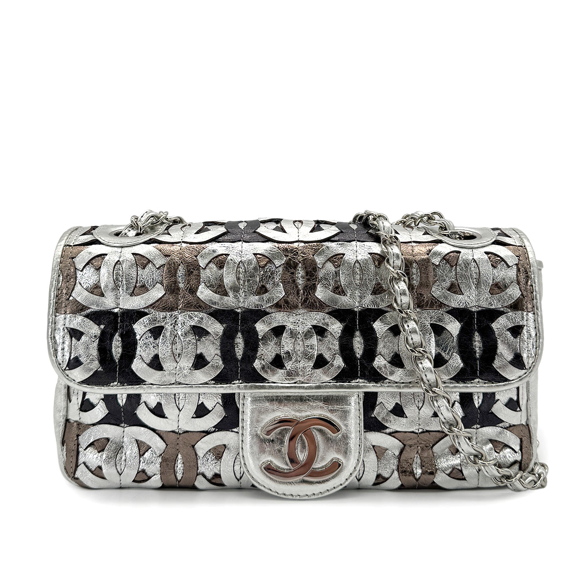 CHANEL VINTAGE CC PATCHWORK CHAIN SHOULDER BAG METALICSILVER LEATHER 90269625