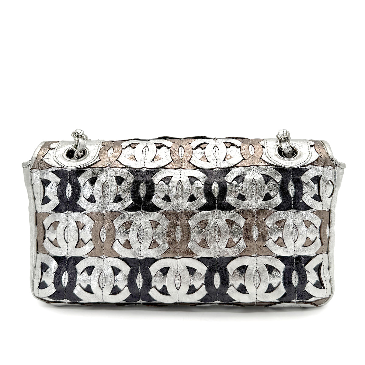 CHANEL VINTAGE CC PATCHWORK CHAIN SHOULDER BAG METALICSILVER LEATHER 90269625