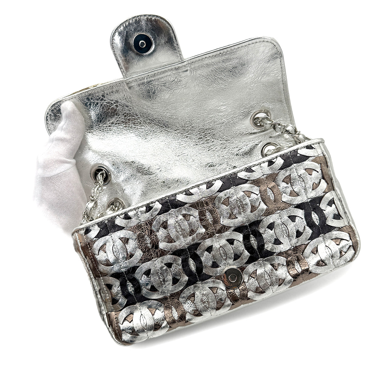 CHANEL VINTAGE CC PATCHWORK CHAIN SHOULDER BAG METALICSILVER LEATHER 90269625