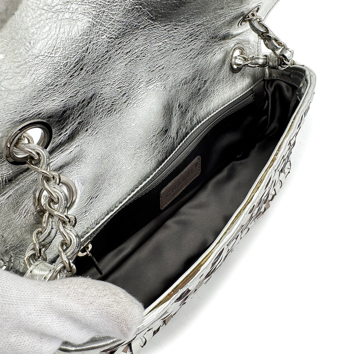 CHANEL VINTAGE CC PATCHWORK CHAIN SHOULDER BAG METALICSILVER LEATHER 90269625