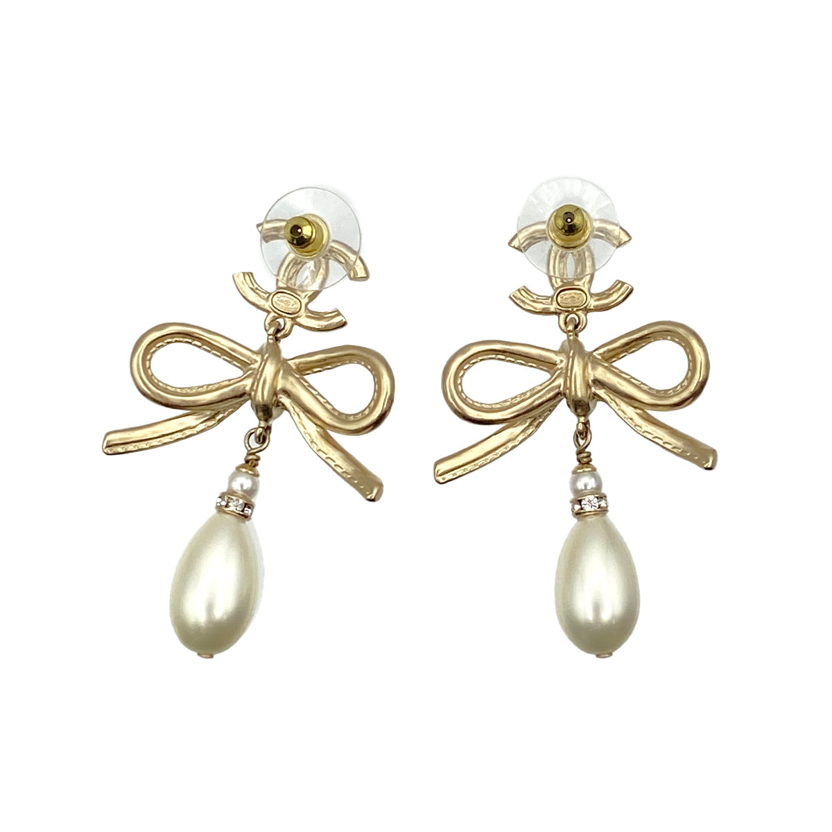 CHANEL EARRINGS COCOMARK SWING FAUX PEARL RHINESTONE RIBBON ACCESSORY A22S 90269659