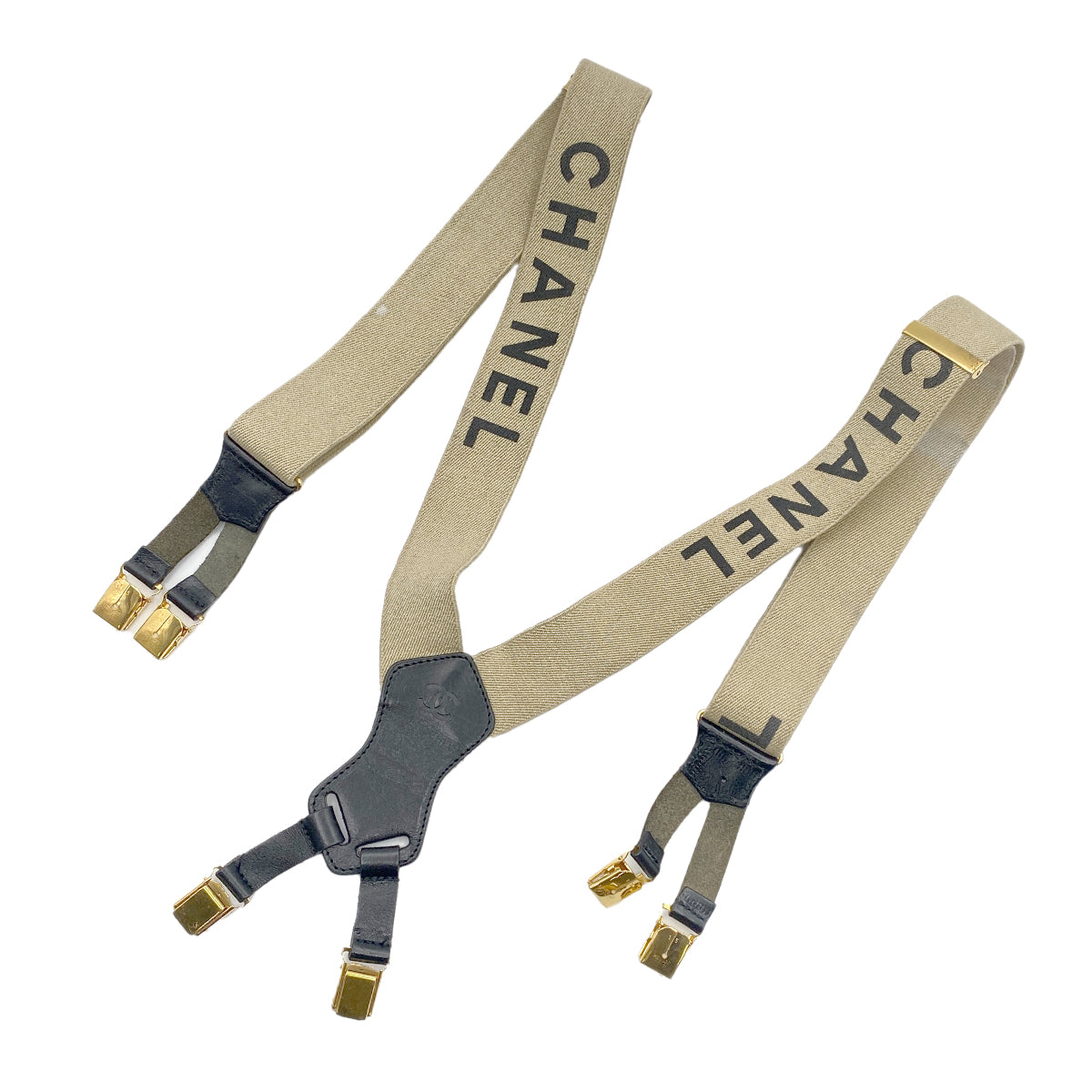 CHANEL VINTAGE SUSPENDER LOGO BEIGE BLACK CANVAS LEATHER 90269694