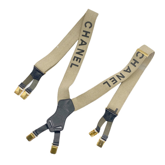 CHANEL VINTAGE SUSPENDER LOGO BEIGE BLACK CANVAS LEATHER 90269694