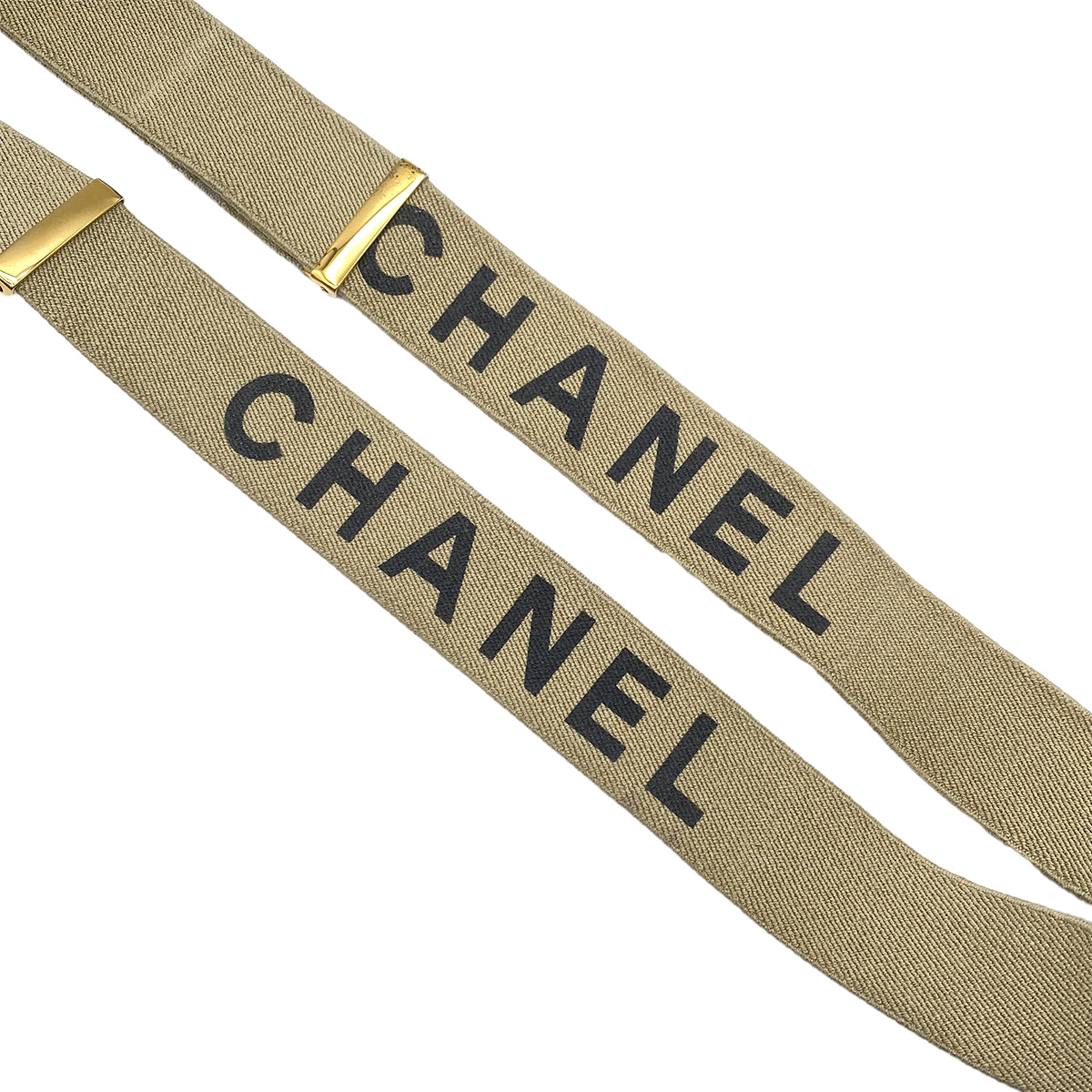 CHANEL VINTAGE SUSPENDER LOGO BEIGE BLACK CANVAS LEATHER 90269694