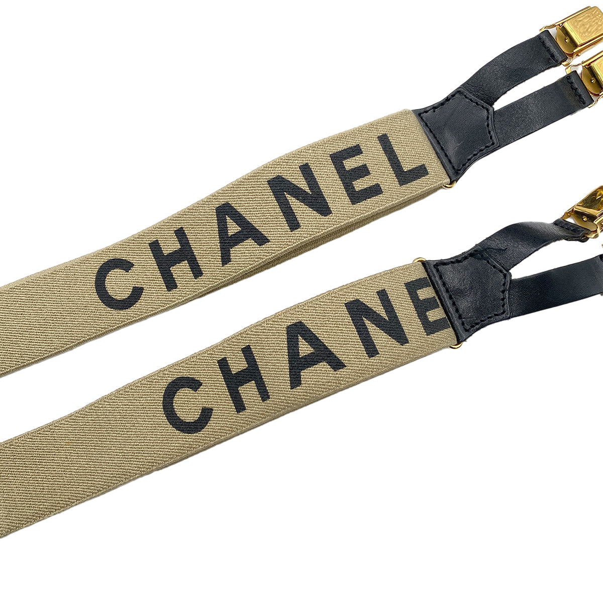 CHANEL VINTAGE SUSPENDER LOGO BEIGE BLACK CANVAS LEATHER 90269694