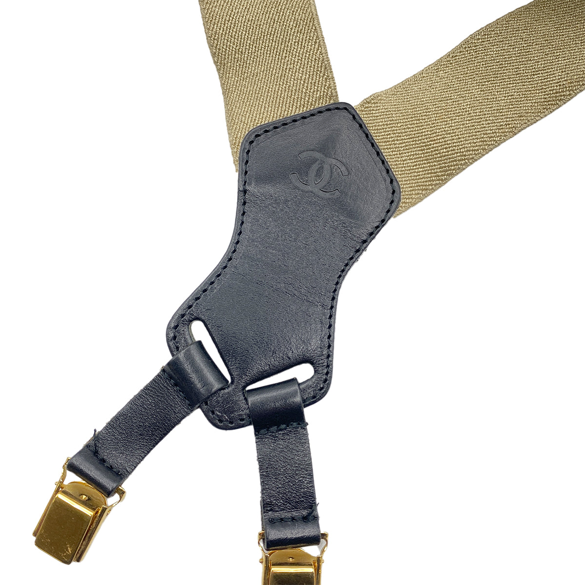 CHANEL VINTAGE SUSPENDER LOGO BEIGE BLACK CANVAS LEATHER 90269694