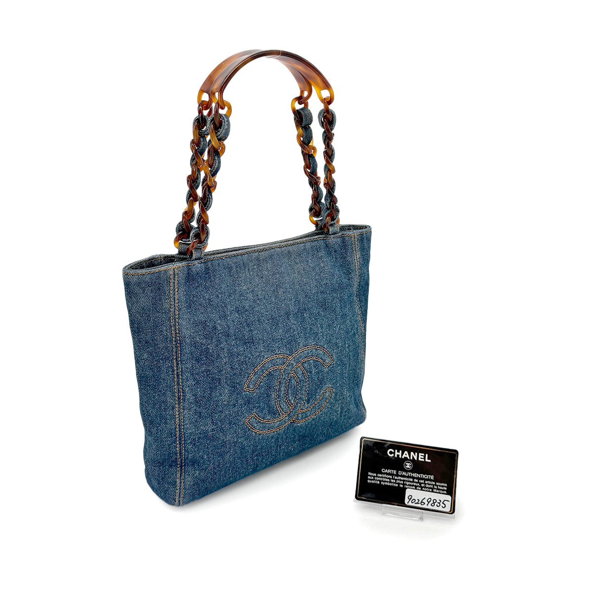 CHANEL VINTAGE DENIM BIG COCO TORTOISESHELL HANDLE CHAIN TOTE BAG 90269835