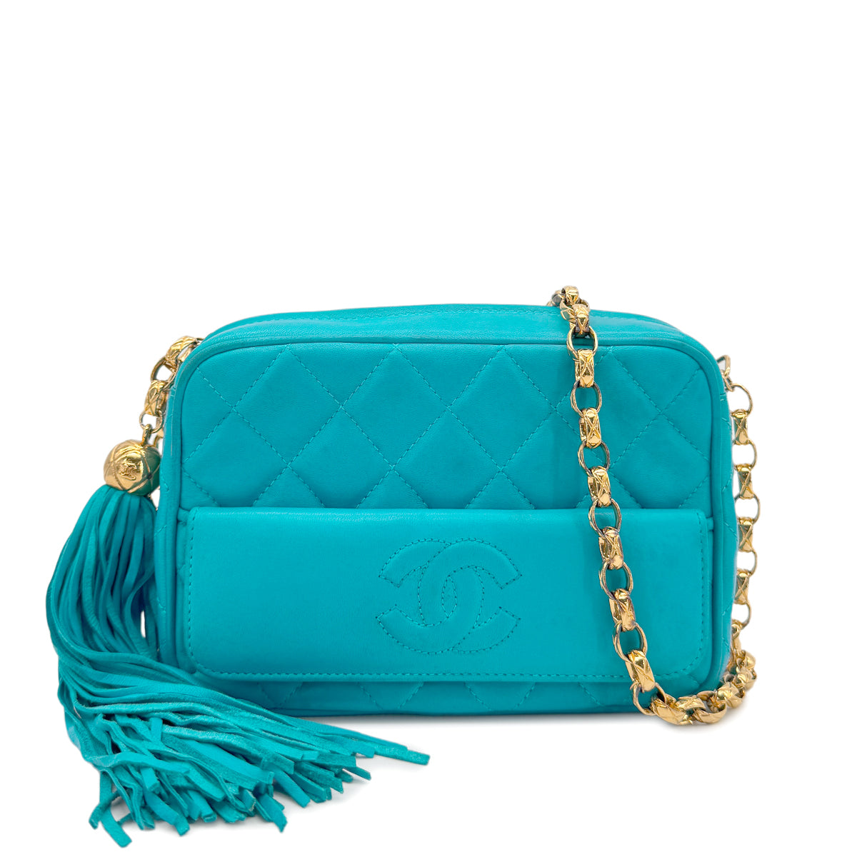 CHANEL VINTAGE FRINGE CHAIN SHOULDER BAG BLUE LAMB SKIN 90269844