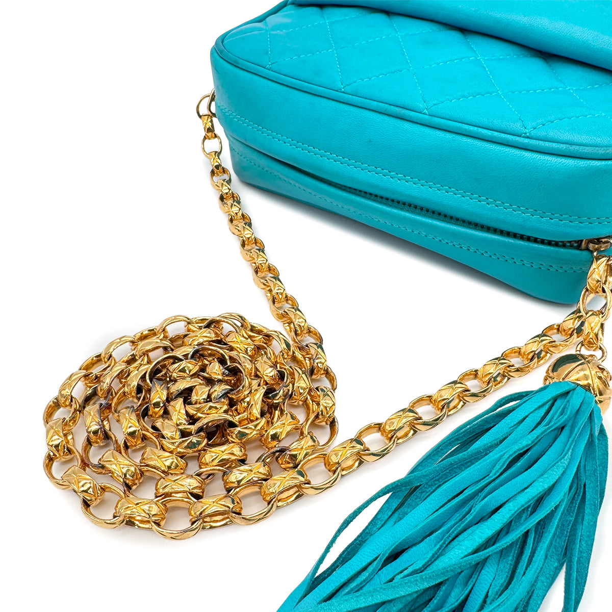 CHANEL VINTAGE FRINGE CHAIN SHOULDER BAG BLUE LAMB SKIN 90269844