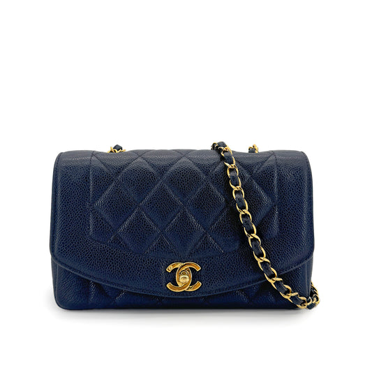 CHANEL VINTAGE DIANA SMALL CHAIN SHOULDER BAG NAVY CAVIR SKIN 90269882
