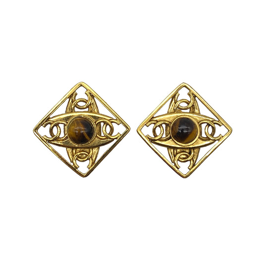 CHANEL VINTAGE EARRINGS COCO MARK SQUARE TIGER EYE ACCESSORY 23 90269914