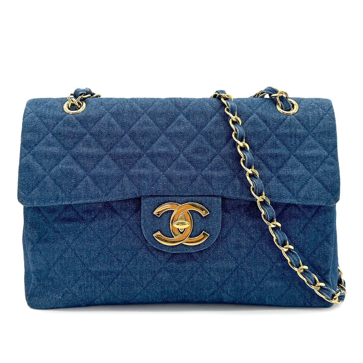 CHANEL VINTAGE MAXI MATELASSE 34 CHAIN SHOULDER BAG BLUE DENIM 90269924