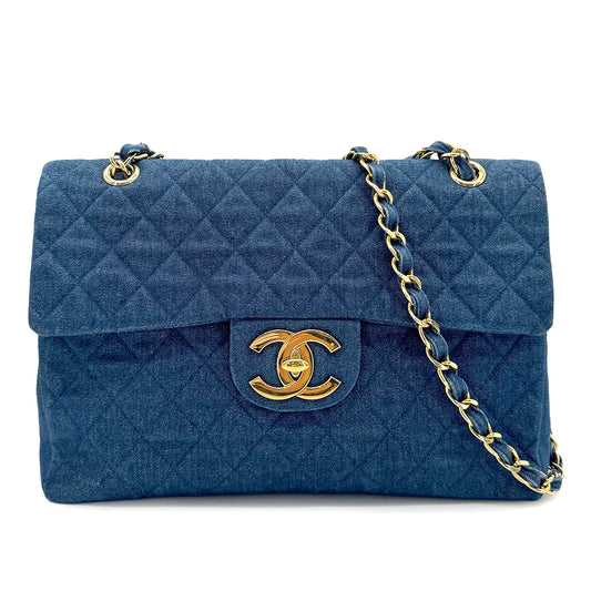 CHANEL VINTAGE MAXI MATELASSE 34 CHAIN SHOULDER BAG BLUE DENIM 90269924