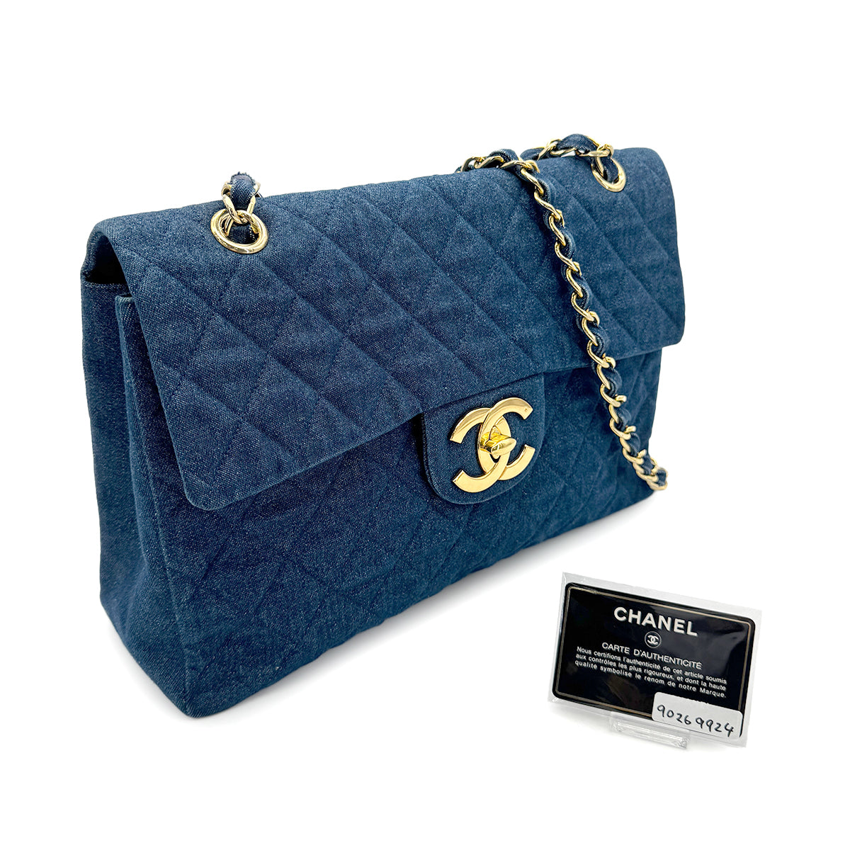 CHANEL VINTAGE MAXI MATELASSE 34 CHAIN SHOULDER BAG BLUE DENIM 90269924