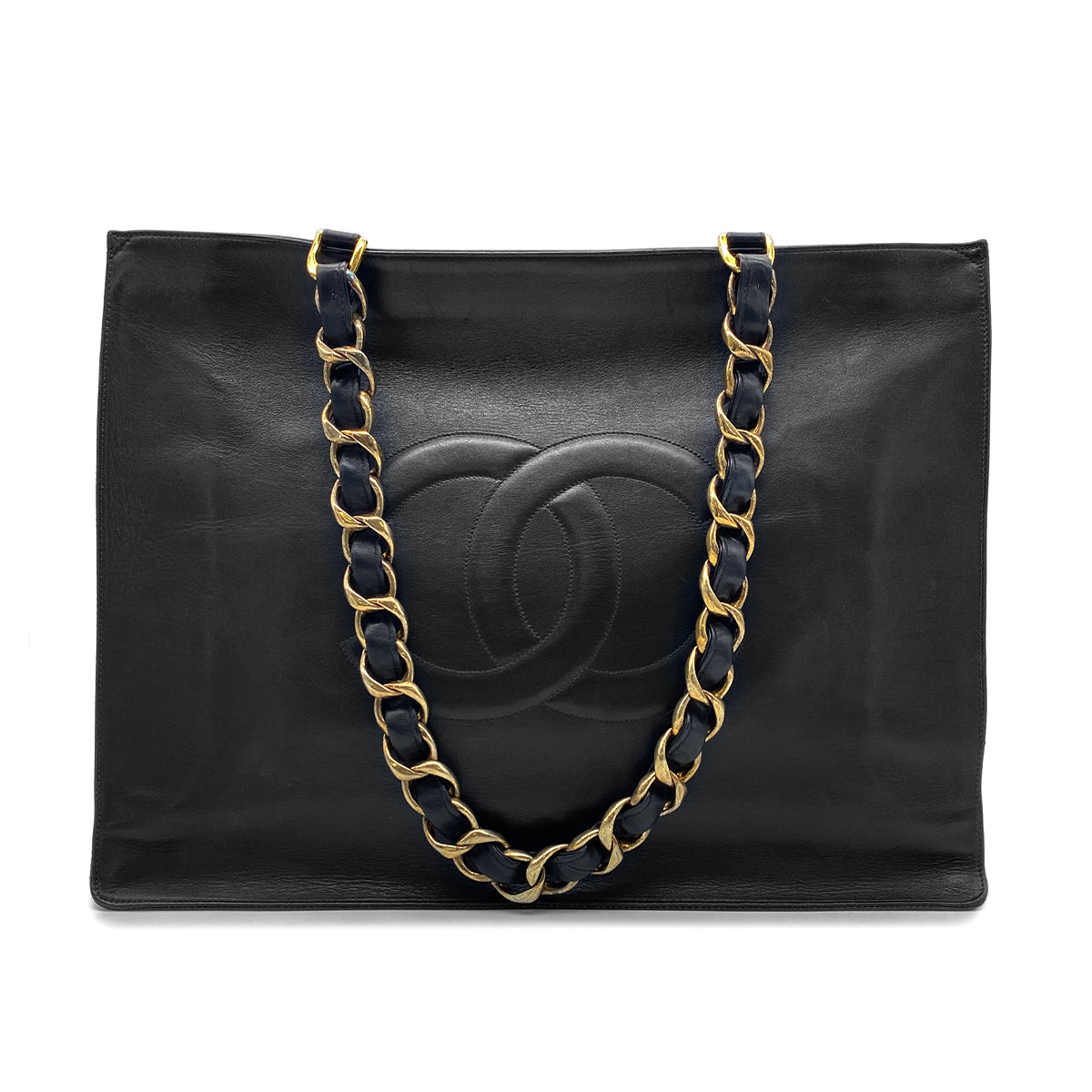 CHANEL VINTAGE BIG COCO CHAIN TOTE BAG BLACK LAMB SKIN 90269940