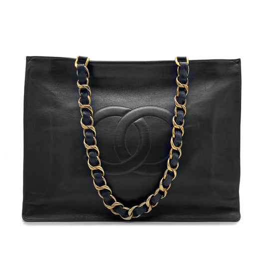 CHANEL VINTAGE BIG COCO CHAIN TOTE BAG BLACK LAMB SKIN 90269940