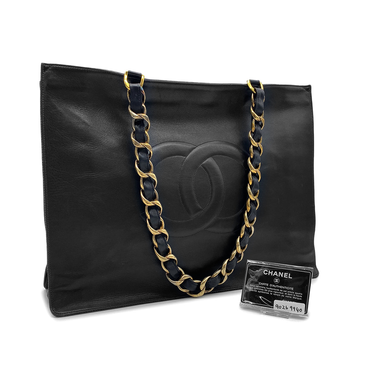 CHANEL VINTAGE BIG COCO CHAIN TOTE BAG BLACK LAMB SKIN 90269940