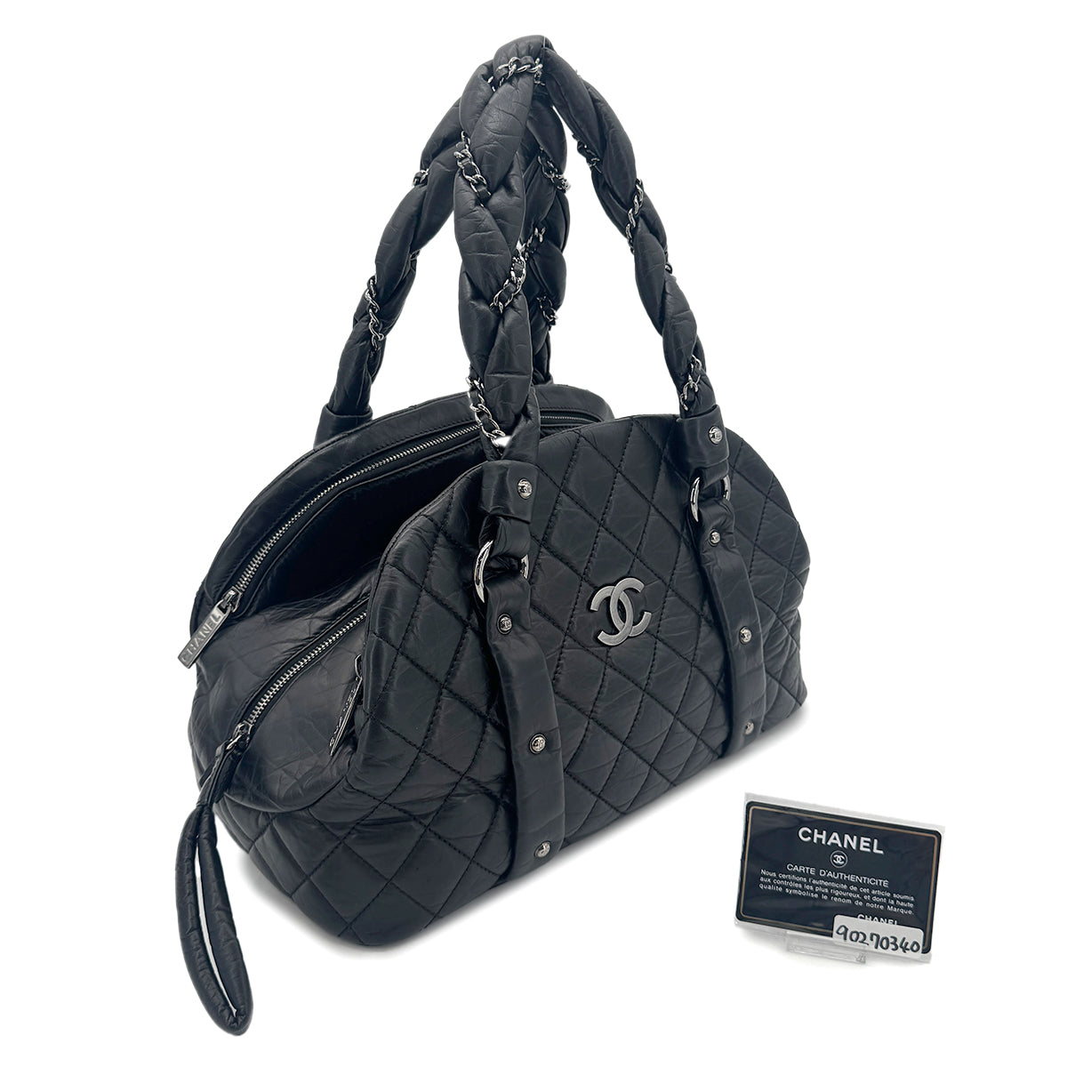 CHANEL VINTAGE MINI BOSTON BAG BLACK LEATHER 90270340