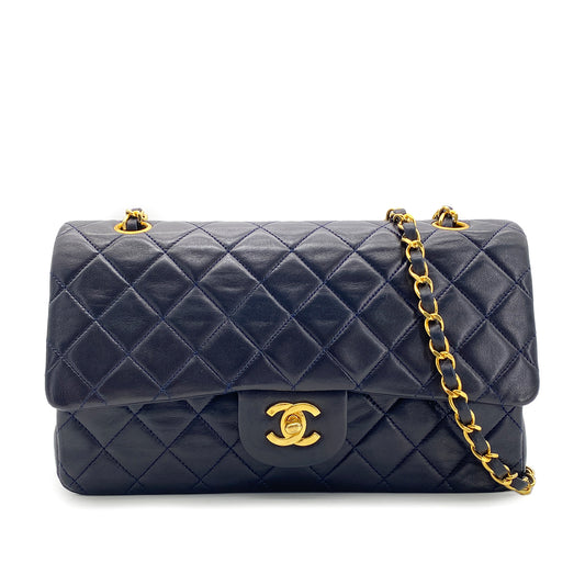 CHANEL VINTAGE CLASSIC FLAP MEDIUM CHAIN SHOULDER BAG NAVY LAMB SKIN 90270349
