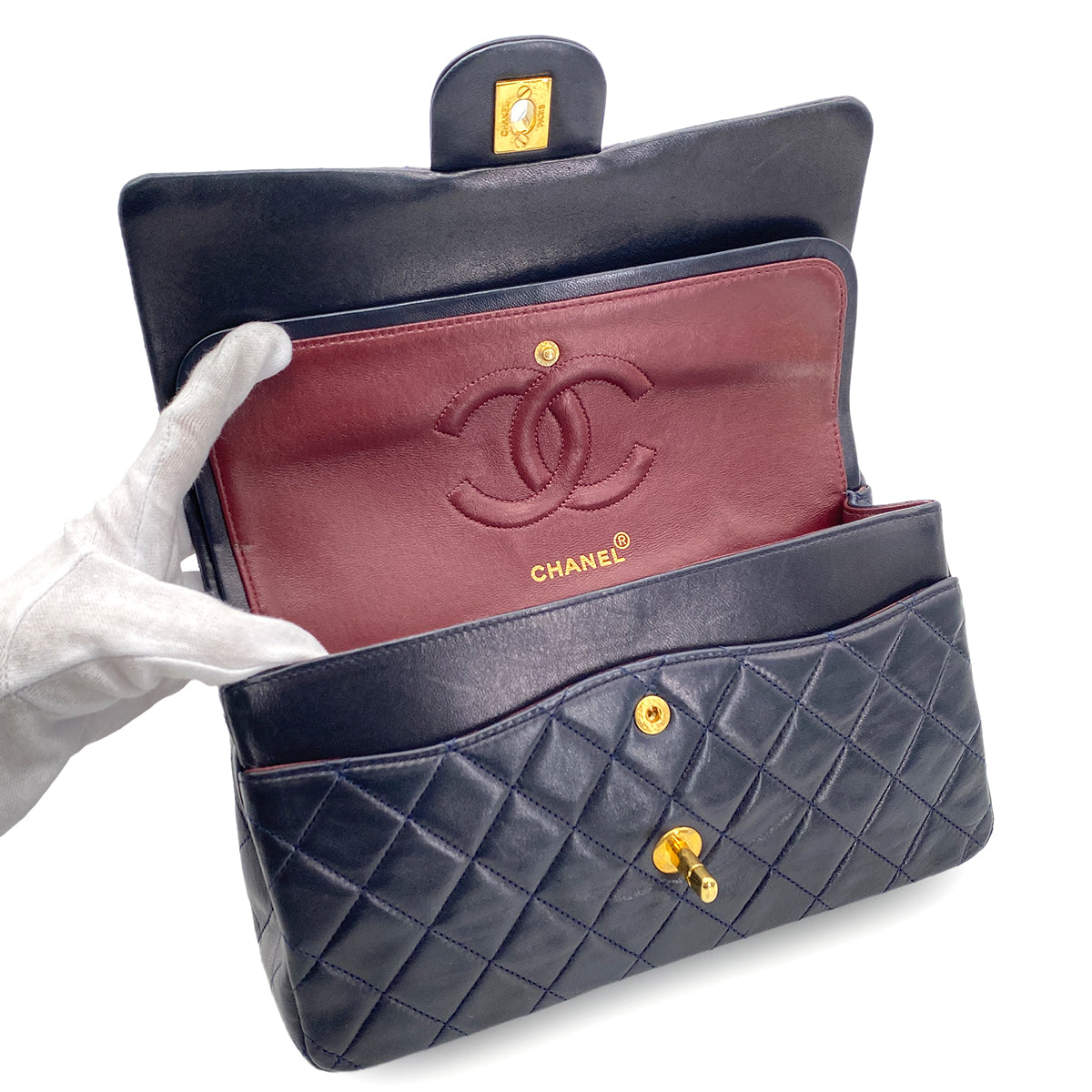CHANEL VINTAGE CLASSIC FLAP MEDIUM CHAIN SHOULDER BAG NAVY LAMB SKIN 90270349
