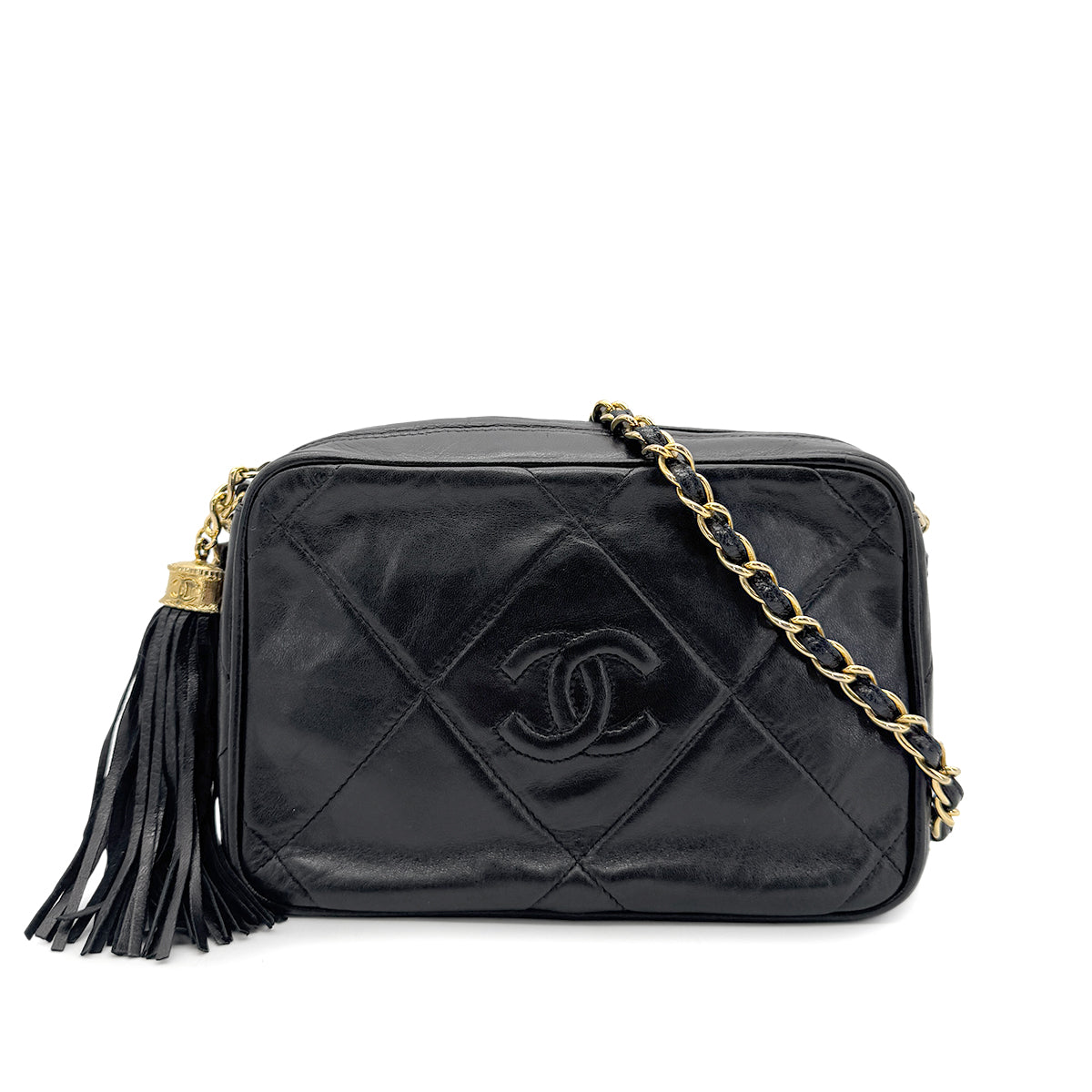 CHANEL VINTAGE FRINGE SHOULDER BAG BLACK LAMB SKIN 90270356