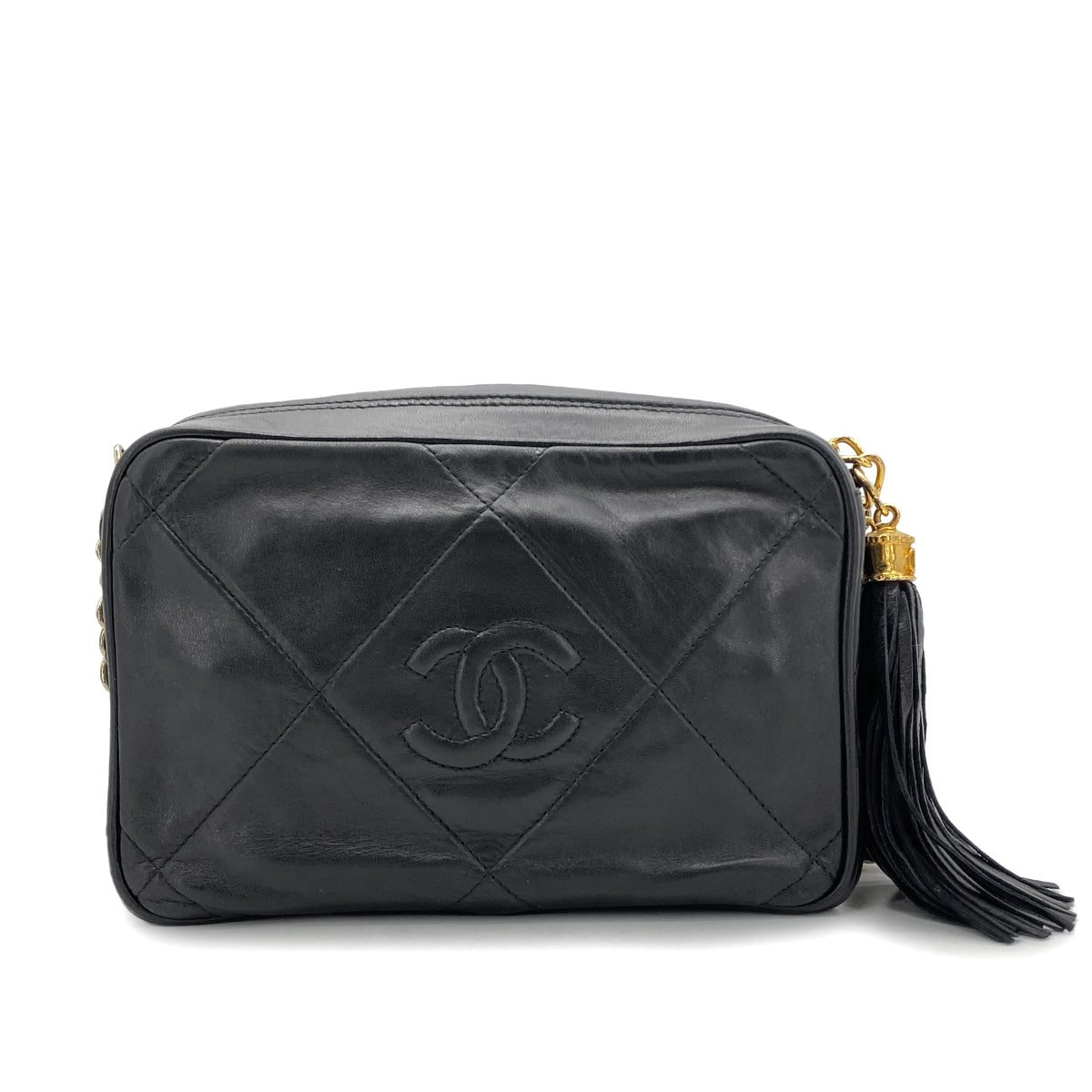 CHANEL VINTAGE FRINGE SHOULDER BAG BLACK LAMB SKIN 90270356