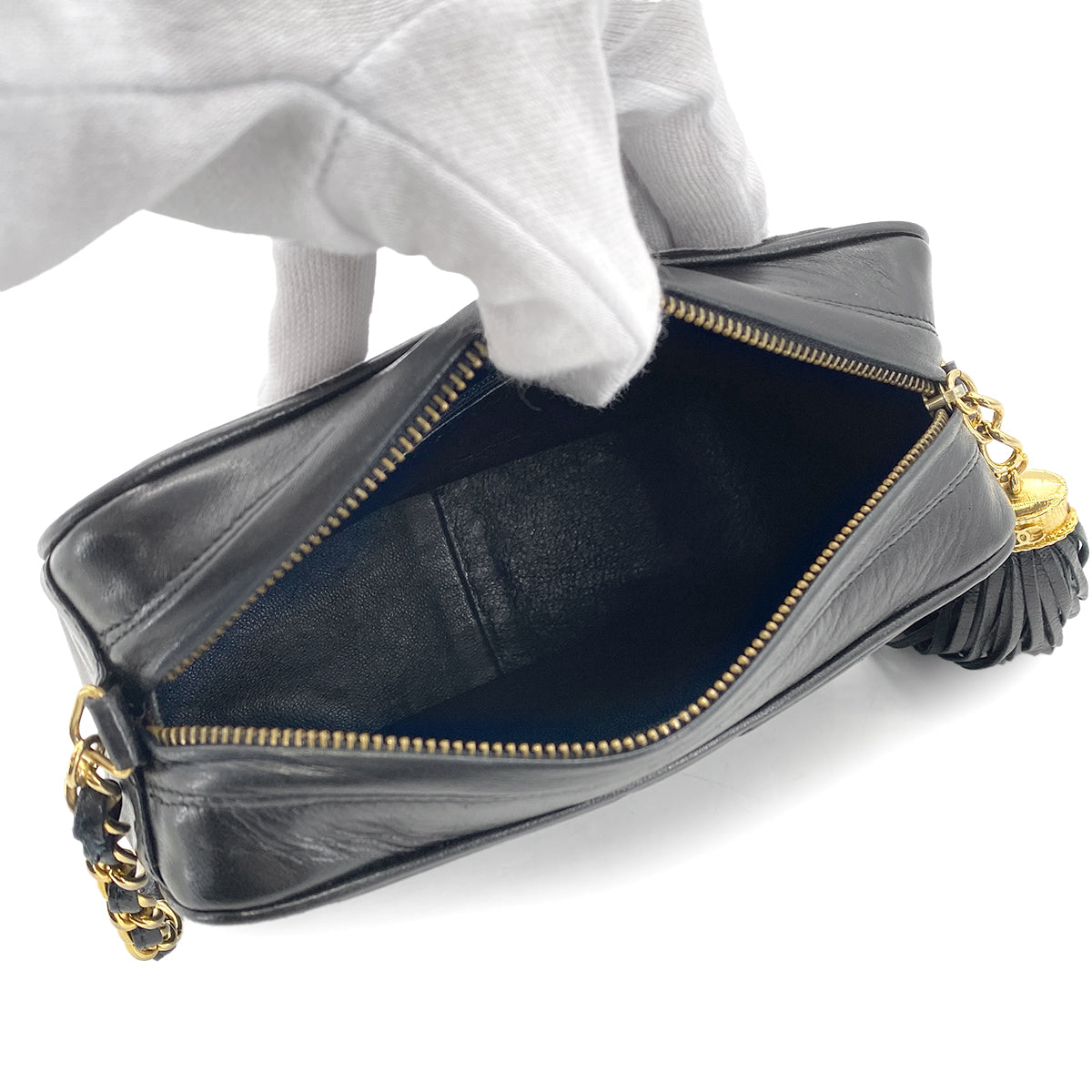 CHANEL VINTAGE FRINGE SHOULDER BAG BLACK LAMB SKIN 90270356