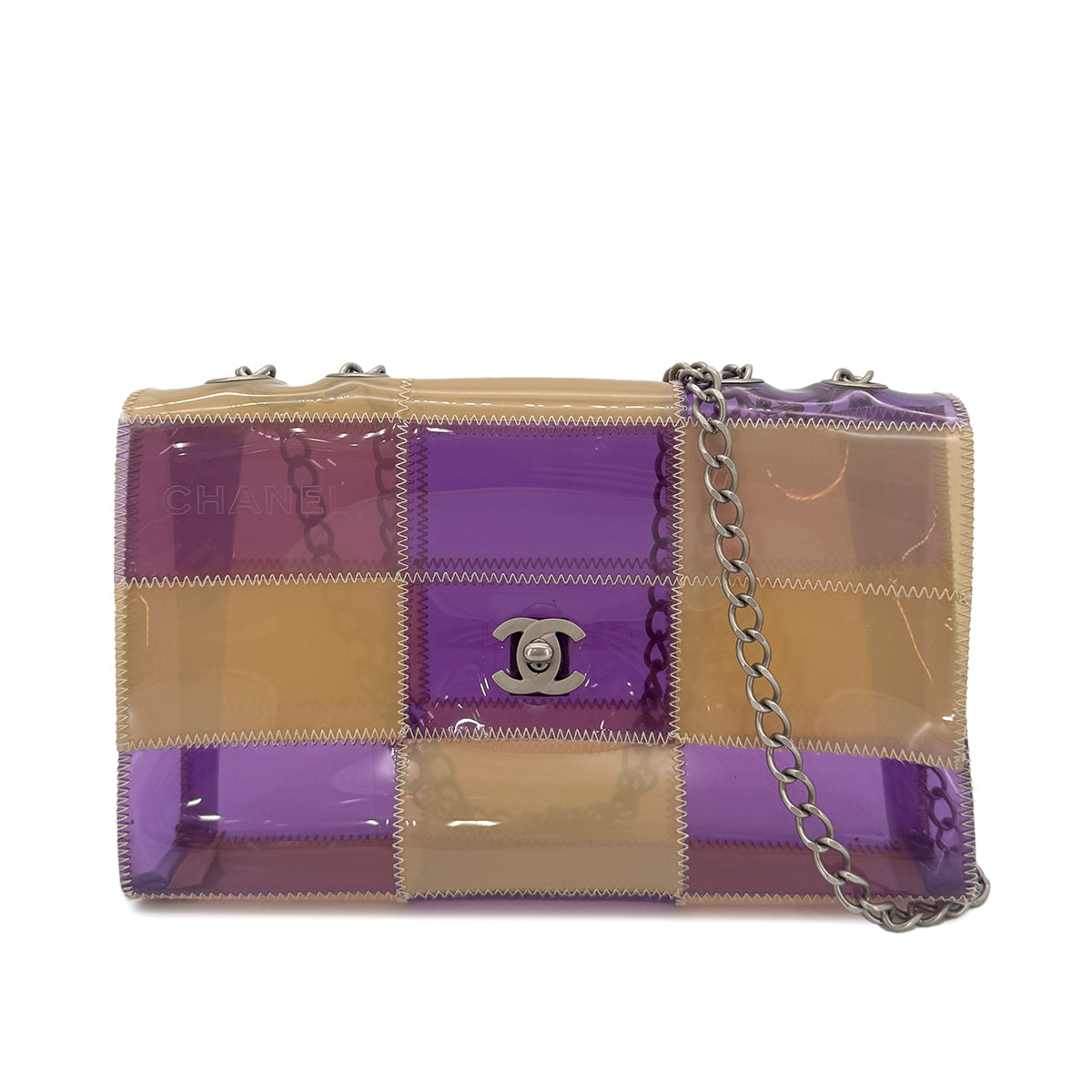 CHANEL VINTAGE CHOCOLATE BAR CHAIN SHOULDER BAG PURPLE BEIGE VINYL 90270388
