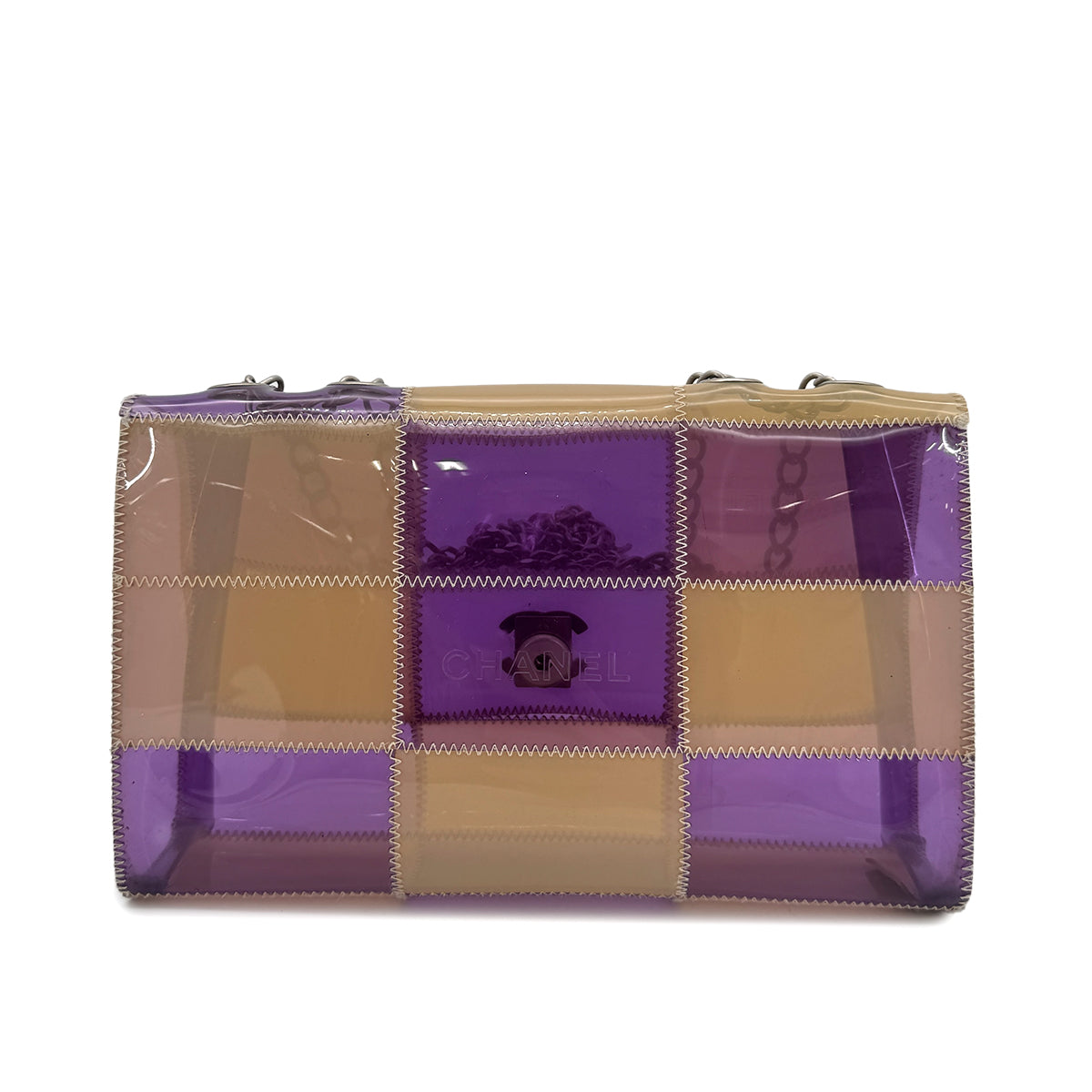 CHANEL VINTAGE CHOCOLATE BAR CHAIN SHOULDER BAG PURPLE BEIGE VINYL 90270388