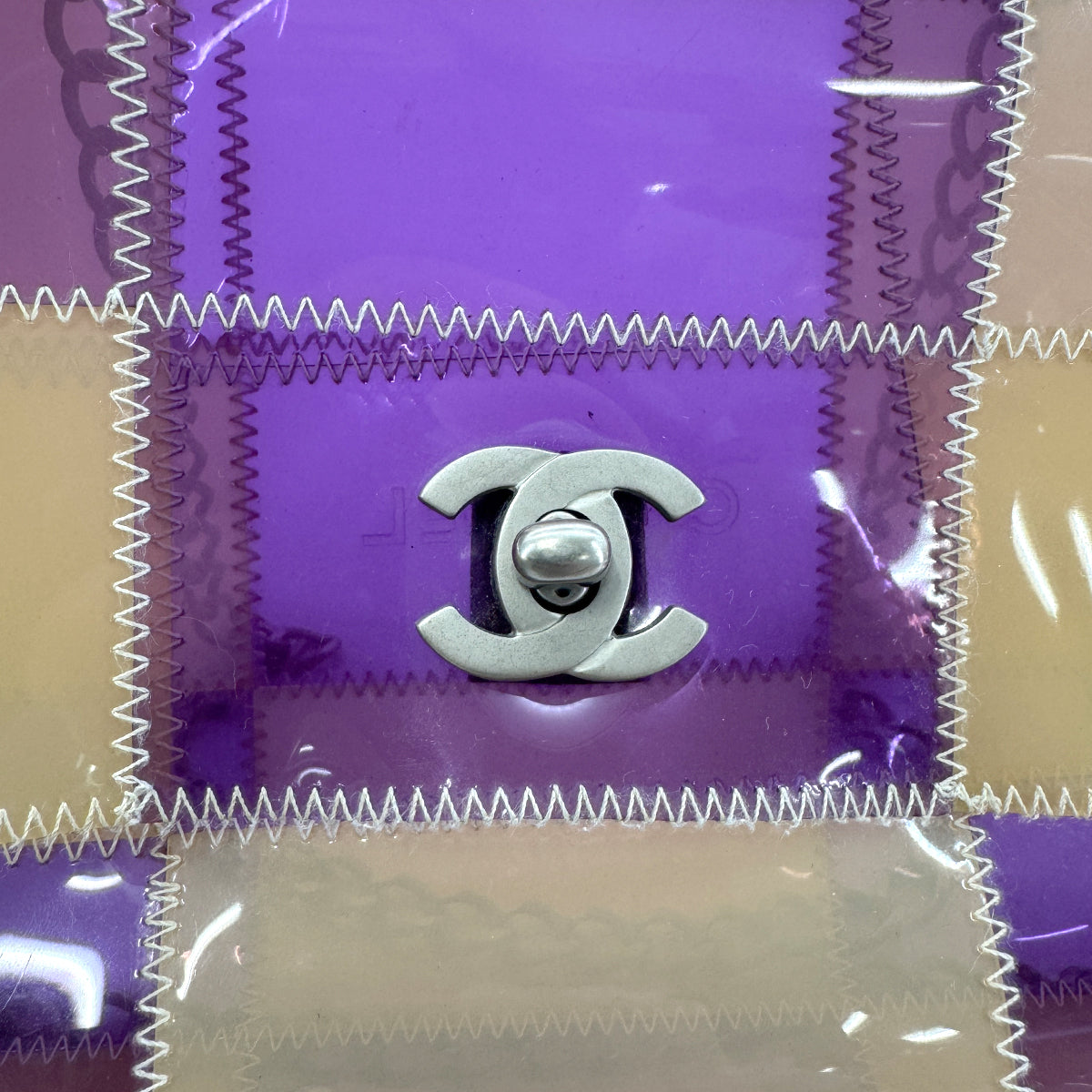 CHANEL VINTAGE CHOCOLATE BAR CHAIN SHOULDER BAG PURPLE BEIGE VINYL 90270388