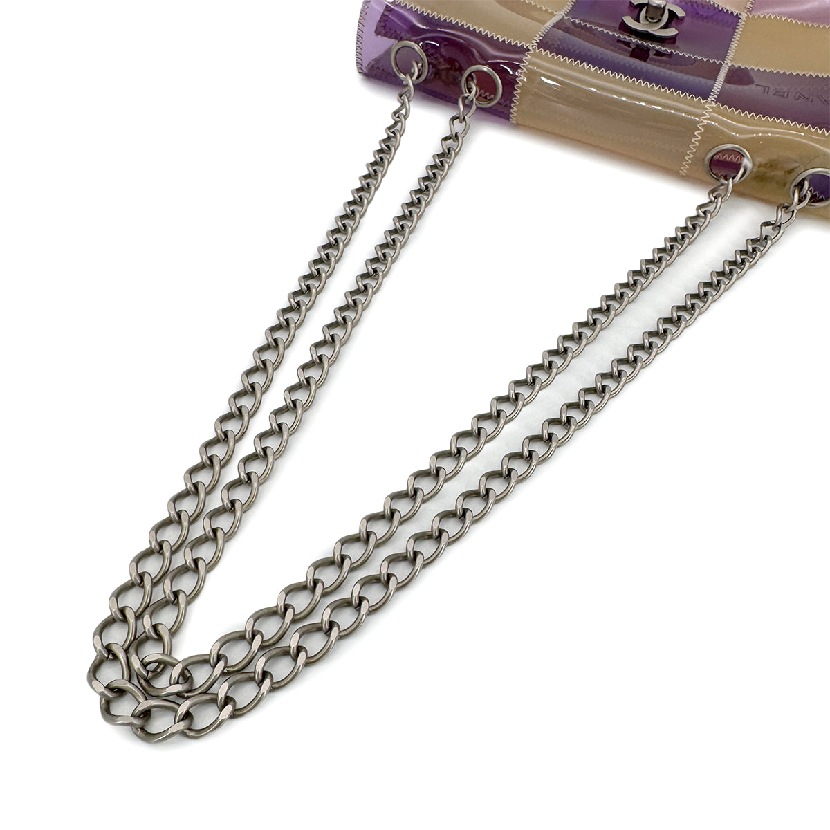 CHANEL VINTAGE CHOCOLATE BAR CHAIN SHOULDER BAG PURPLE BEIGE VINYL 90270388