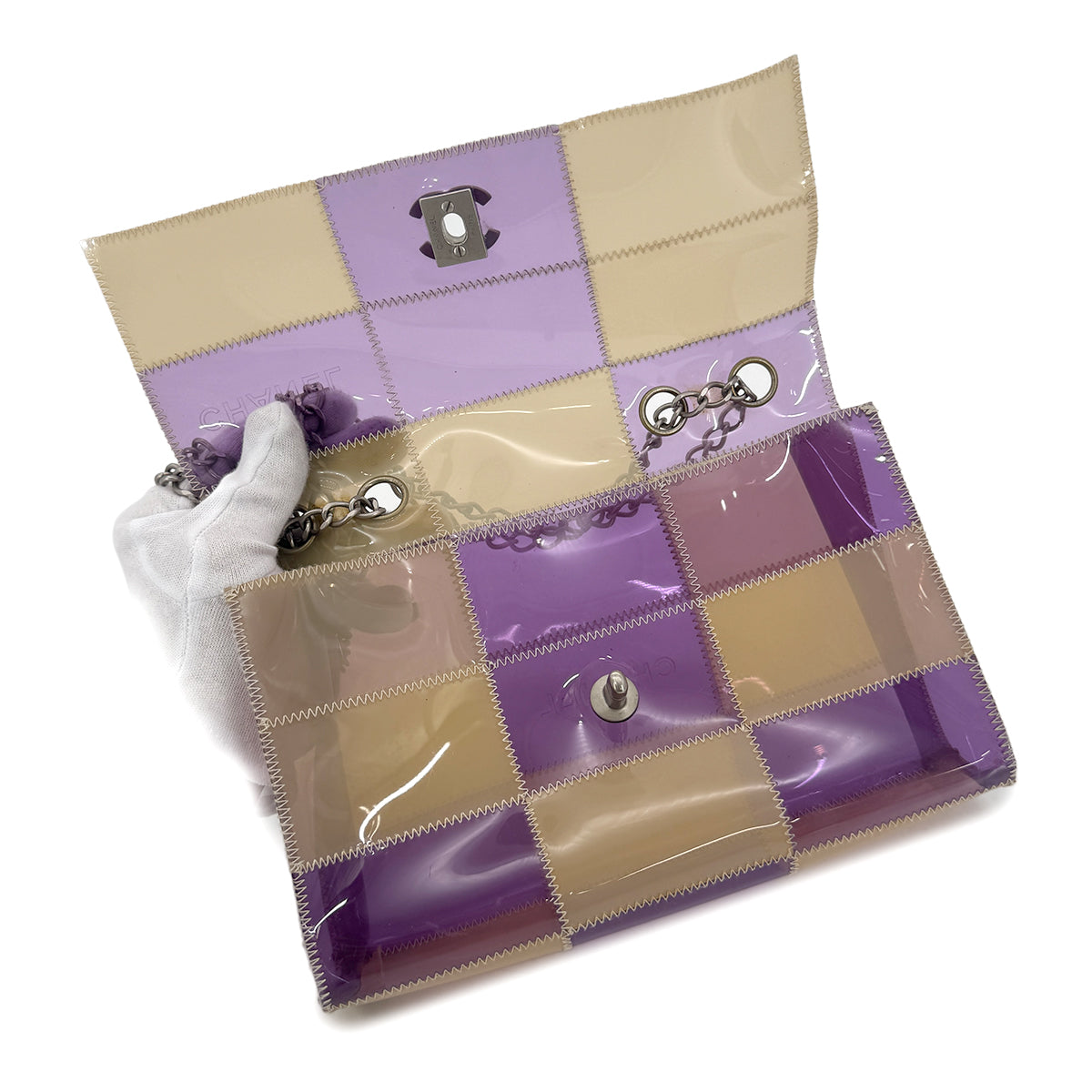 CHANEL VINTAGE CHOCOLATE BAR CHAIN SHOULDER BAG PURPLE BEIGE VINYL 90270388