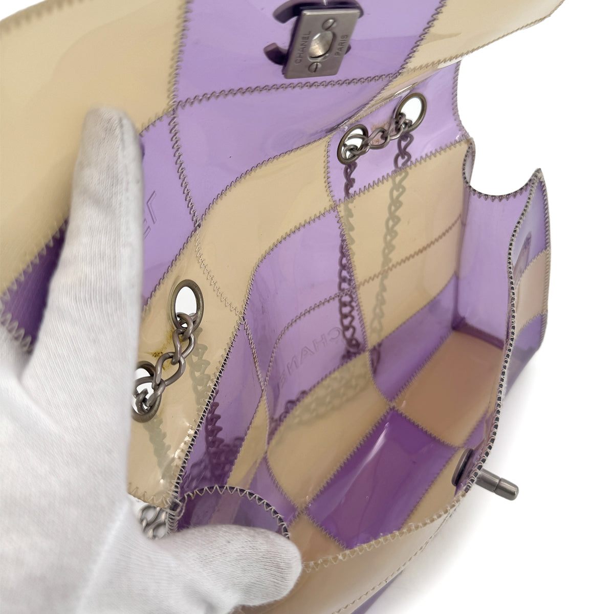 CHANEL VINTAGE CHOCOLATE BAR CHAIN SHOULDER BAG PURPLE BEIGE VINYL 90270388