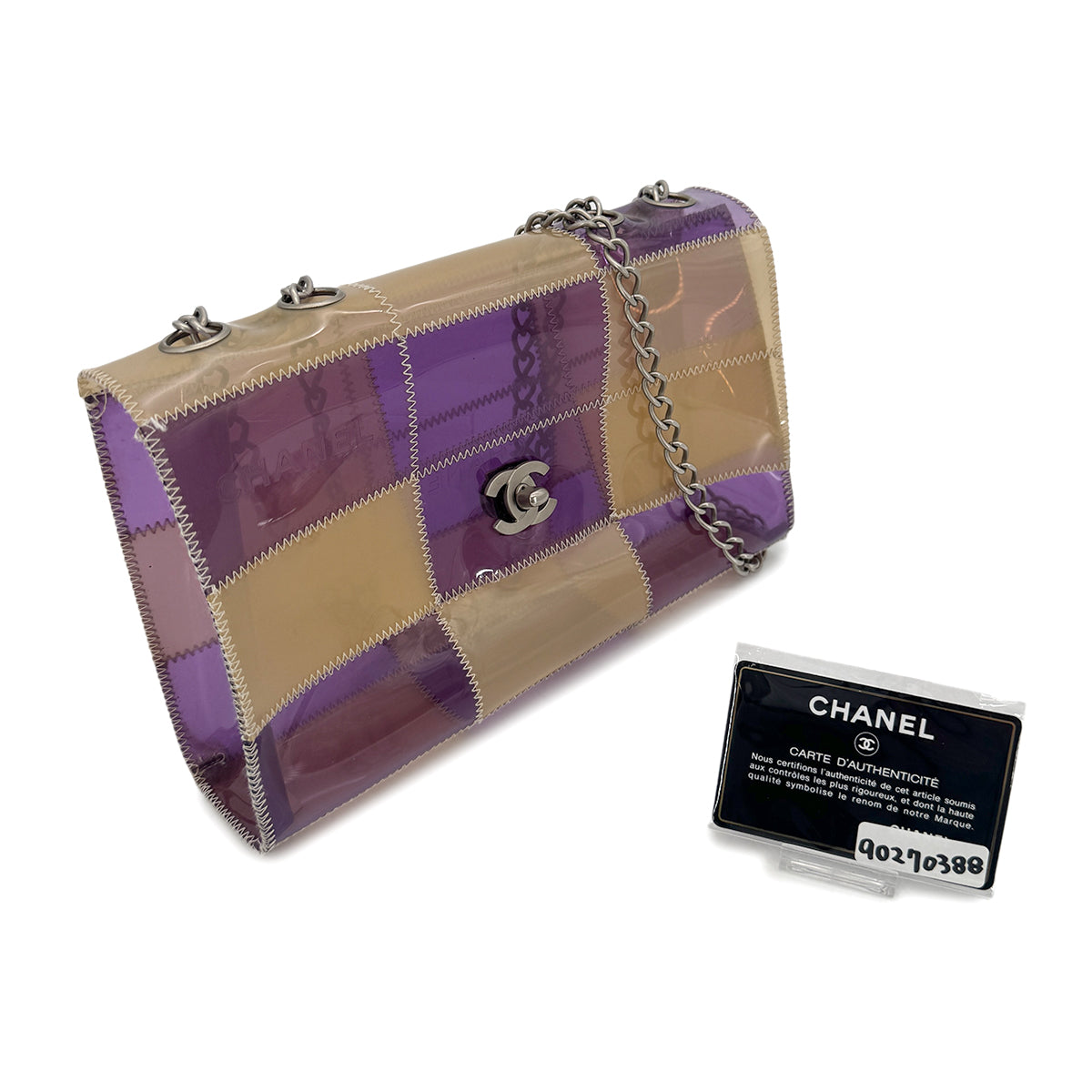 CHANEL VINTAGE CHOCOLATE BAR CHAIN SHOULDER BAG PURPLE BEIGE VINYL 90270388
