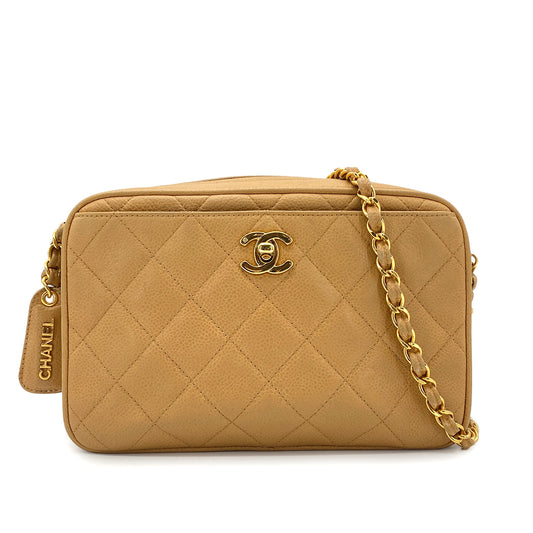 CHANEL VINTAGE MATELASSE CHAIN SHOULDER BAG BEIGE CAVIAR SKIN 90270790