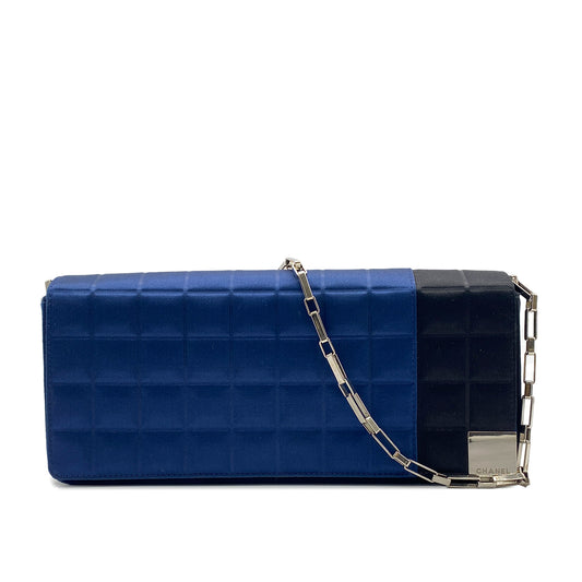 CHANEL VINTAGE CHOCOLATE BAR CHAIN SHOULDER BAG BLUE BLACK SATIN 90270797