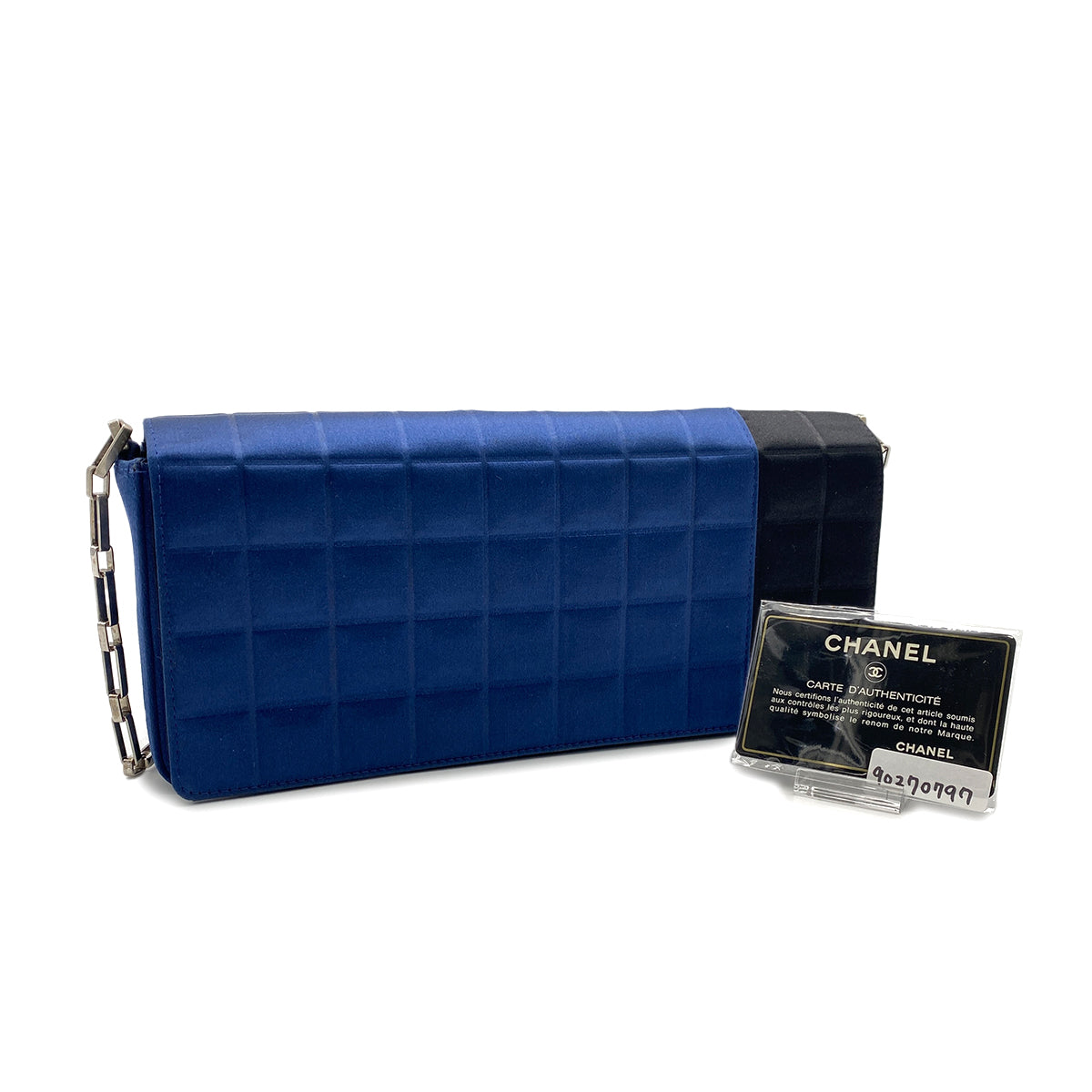 CHANEL VINTAGE CHOCOLATE BAR CHAIN SHOULDER BAG BLUE BLACK SATIN 90270797