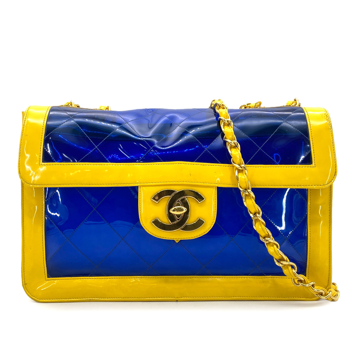 CHANEL VINTAGE MATELASSE CHAIN SHOULDER BAG YELLOW BLUE VINYL 90270800