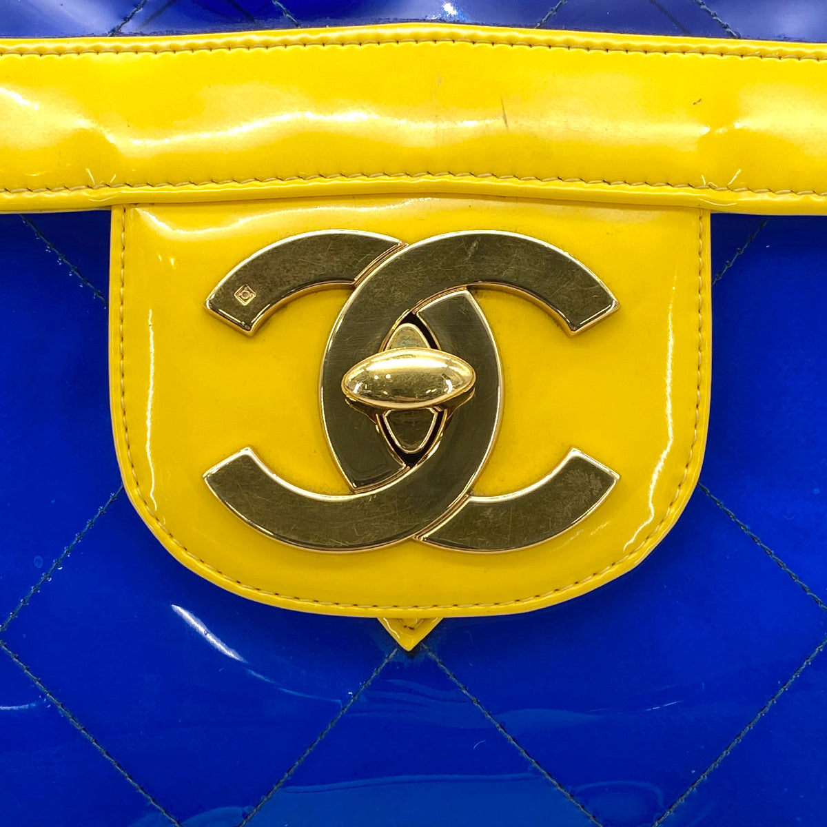 CHANEL VINTAGE MATELASSE CHAIN SHOULDER BAG YELLOW BLUE VINYL 90270800