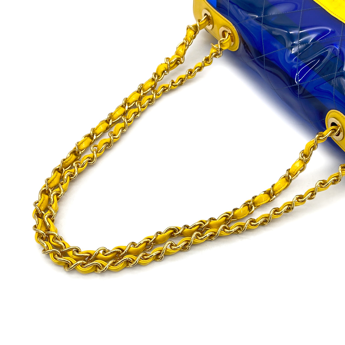 CHANEL VINTAGE MATELASSE CHAIN SHOULDER BAG YELLOW BLUE VINYL 90270800