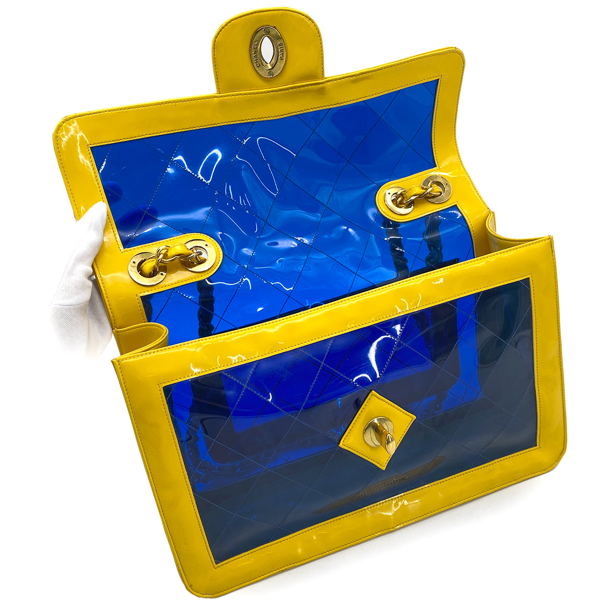 CHANEL VINTAGE MATELASSE CHAIN SHOULDER BAG YELLOW BLUE VINYL 90270800