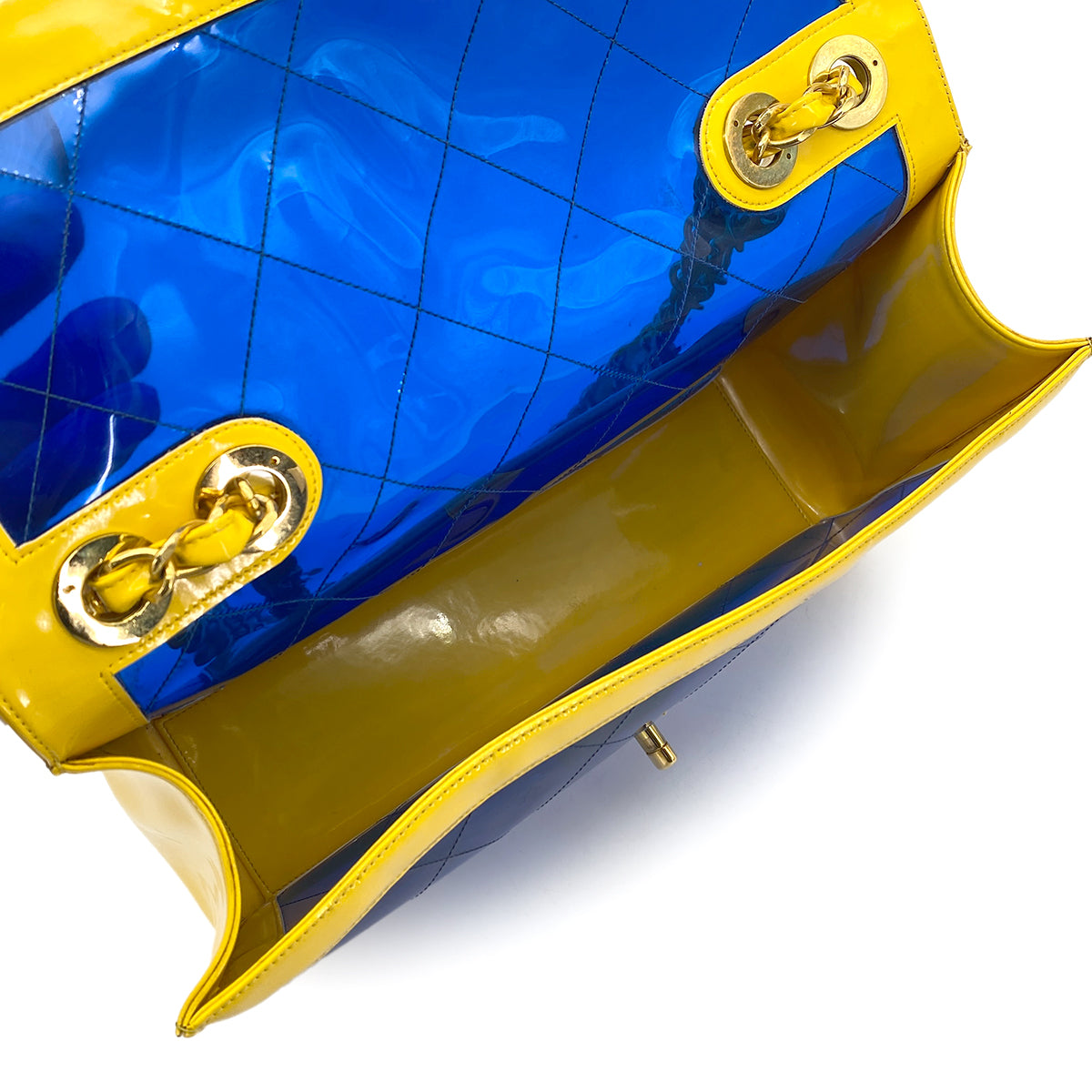 CHANEL VINTAGE MATELASSE CHAIN SHOULDER BAG YELLOW BLUE VINYL 90270800