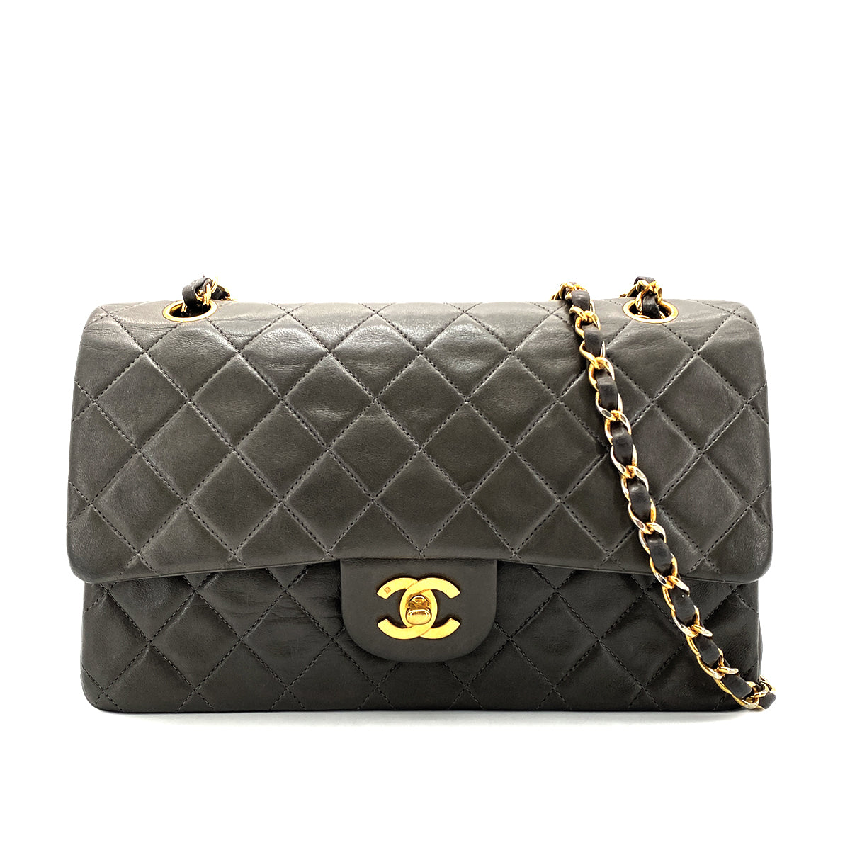 CHANEL VINTAGE CLASSIC FLAP MEDIUM CHAIN SHOULDER BAG GRAY LAMB SKIN 90270801