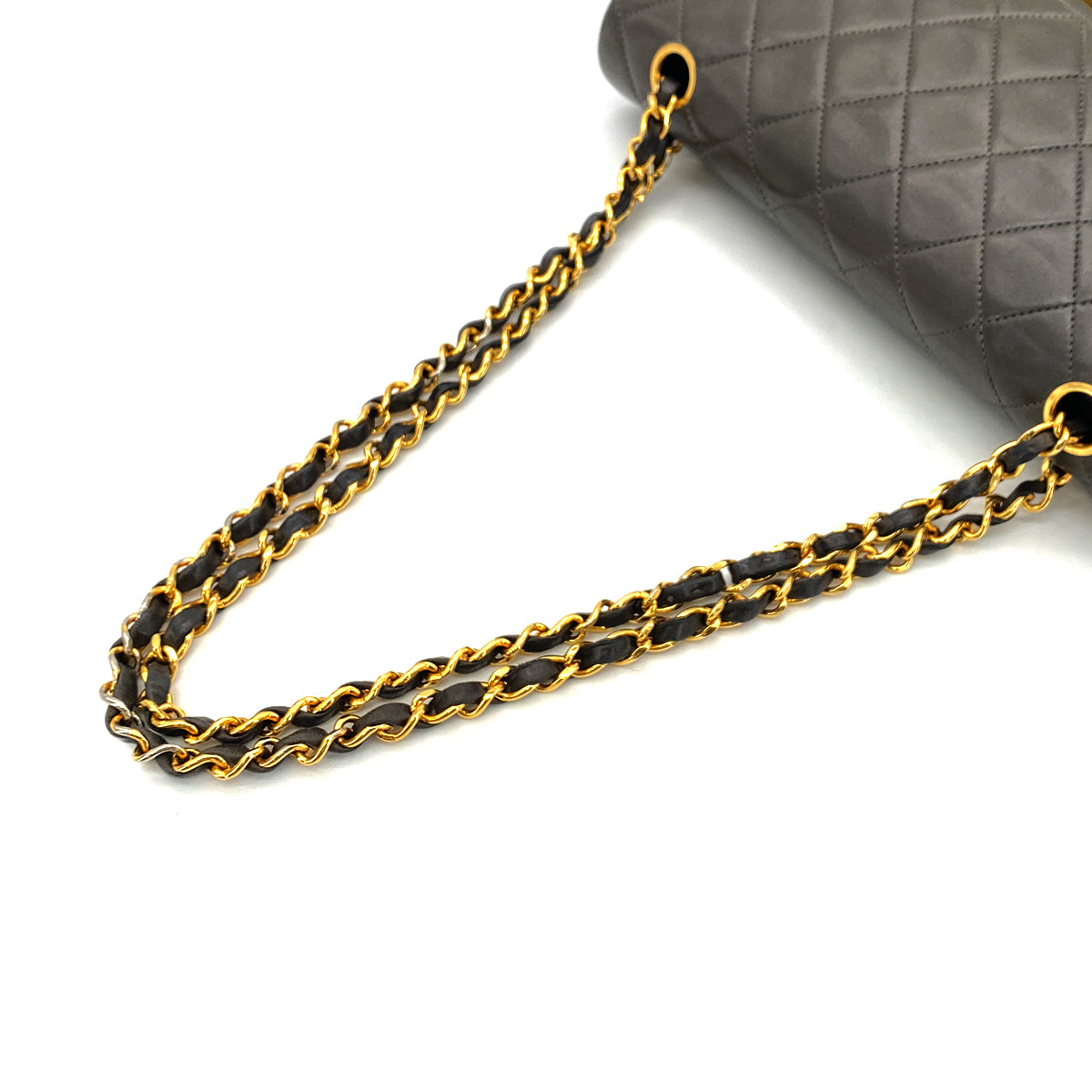 CHANEL VINTAGE CLASSIC FLAP MEDIUM CHAIN SHOULDER BAG GRAY LAMB SKIN 90270801