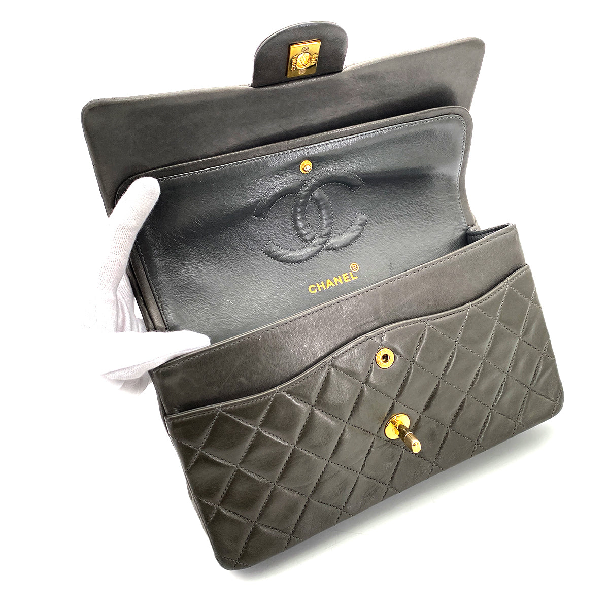 CHANEL VINTAGE CLASSIC FLAP MEDIUM CHAIN SHOULDER BAG GRAY LAMB SKIN 90270801