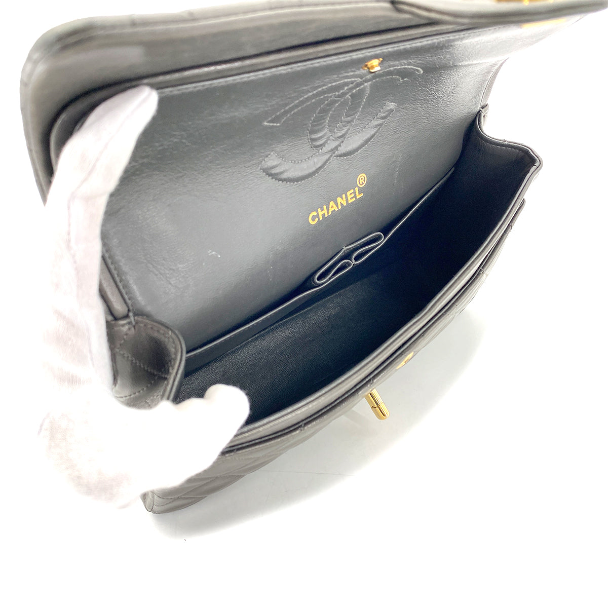 CHANEL VINTAGE CLASSIC FLAP MEDIUM CHAIN SHOULDER BAG GRAY LAMB SKIN 90270801